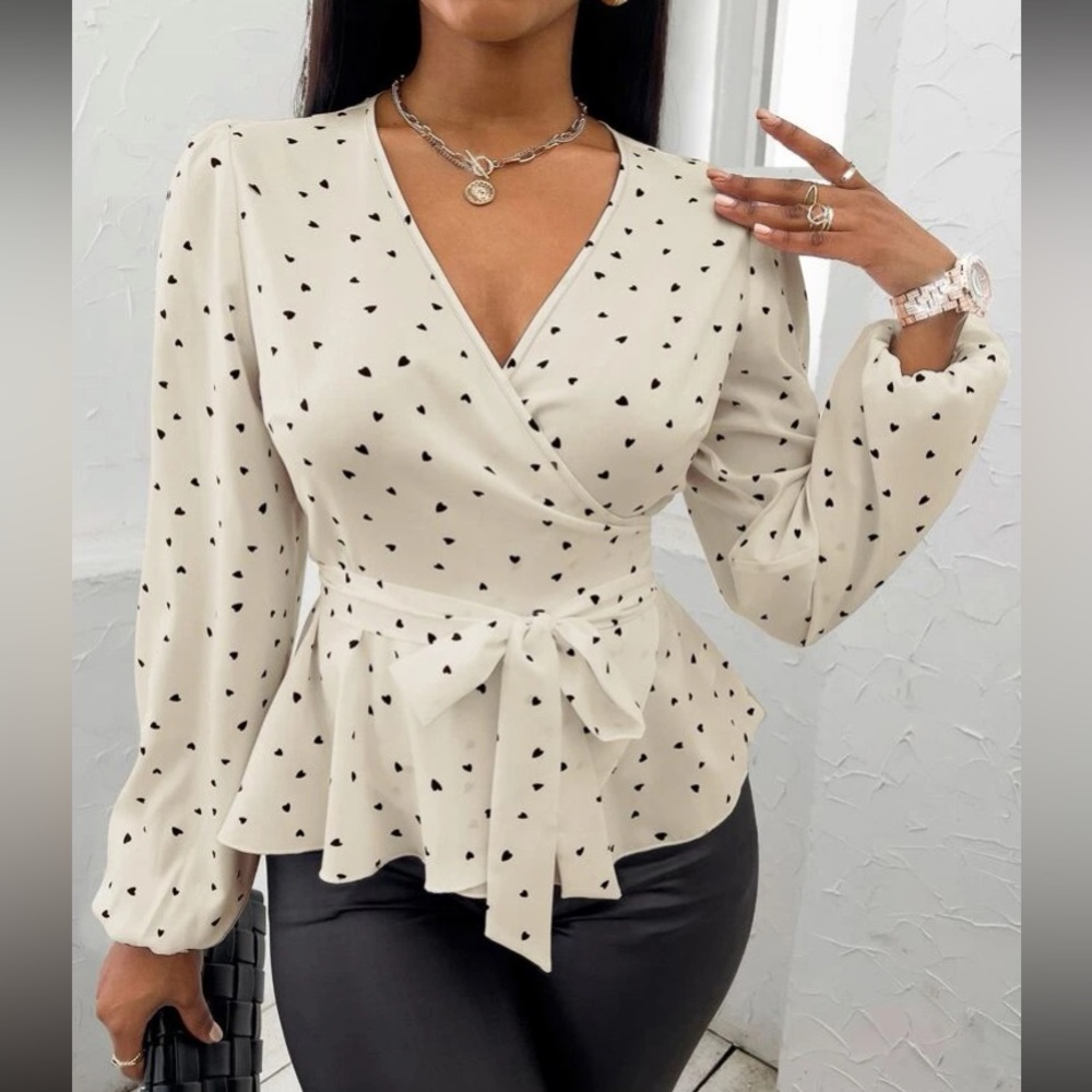 Hearts print belted peplum blouse